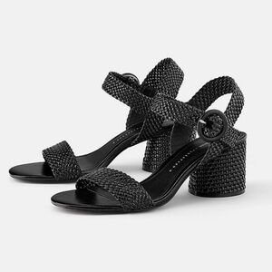 Zara Woven Black Block Heels with Ankle Strap